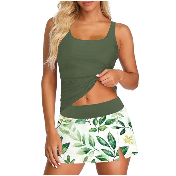 Guluxicc 3 Piece Tankini Sets for Women Spaghetti Strap Top with Skirt & Bikini Pants Summer Beach Swimsuits Bathing Suit