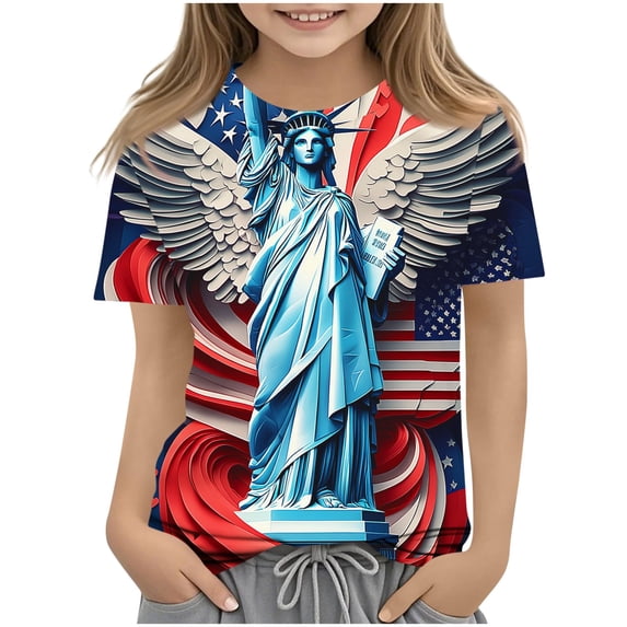 Guluxicc 4th of July Girls Tees with Amarican Flag Printed Kids T Shirt Girls' Summer Tops Clothes for 3-14 Years