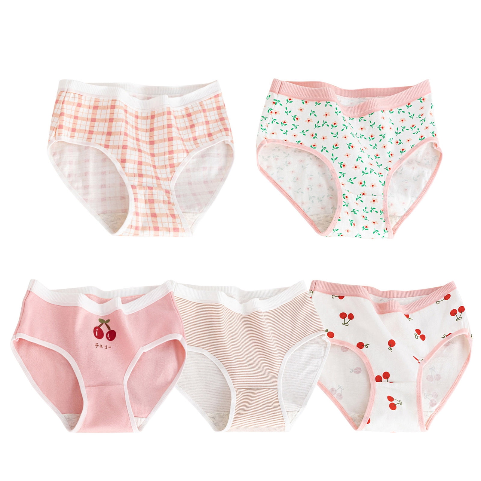 Guluxicc 5 Pack Juniors Girls Antimicrobial Cotton Brief Panties Cherry Floral Plaid Print Underwear Soft Comfortable Breathable Underwear 14-17 Years