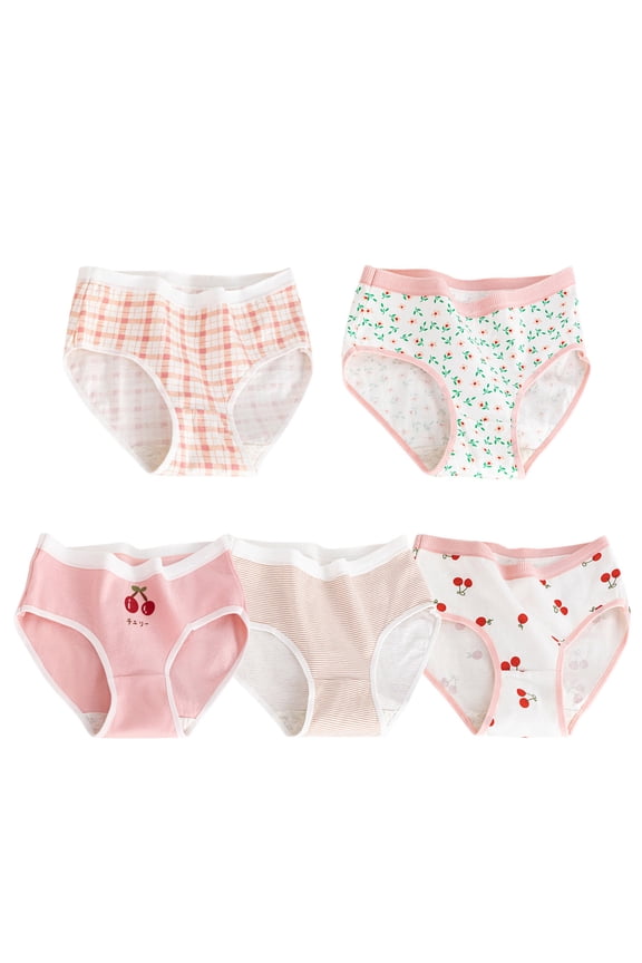 5 Pack Juniors Girls Antimicrobial Cotton Brief Panties Cherry Floral Plaid Print Underwear Soft Comfortable Breathable Underwear 14-17 Years