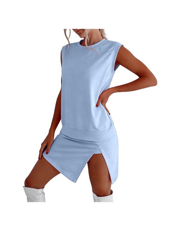 Athletic 2 Piece Sets for Women Sleeveless Crew Neck Top with Split Hem Shorts Solid Color Basic Active Outfits for Workout and Gym Exercise