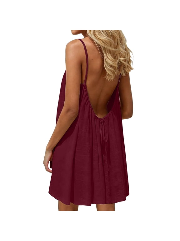 Backless Cami Dress for Women Low Back Mini Dress Flowy Solid Color Sundress Summer Beach Vacation Clothes