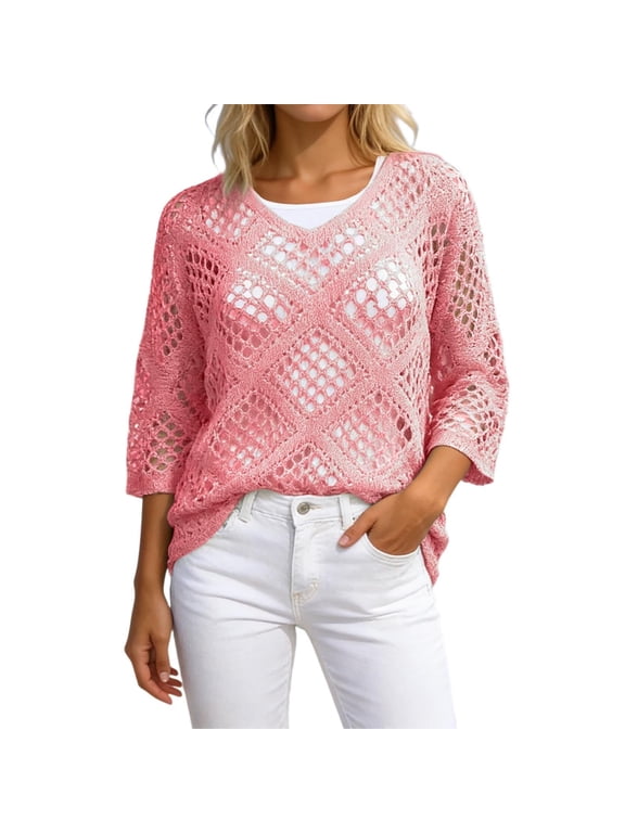 Bohemian Crochet Tops for Women V-Neck Beach Cover Ups 3/4 Sleeve Hollow Out Blouse for Beach Open Knit Pullover