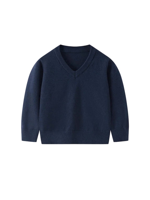 Boys Girls School Uniform Pullover Sweater V Neck Solid Long Sleeve Cotton Knit Pullovers 5-10Y