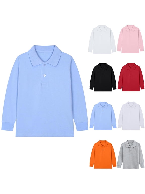 Boys Long Sleeve Polo Shirts Cotton Fall Winter Casual Uniform Shirts Performance Tops for Kids 2-15 Years