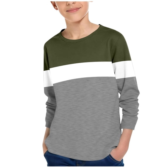 Guluxicc Boys Long Sleeve Shirts Fashion Color Block Casual Tops Lightweight Crewneck Pullover Loose Basic Tees for Kids