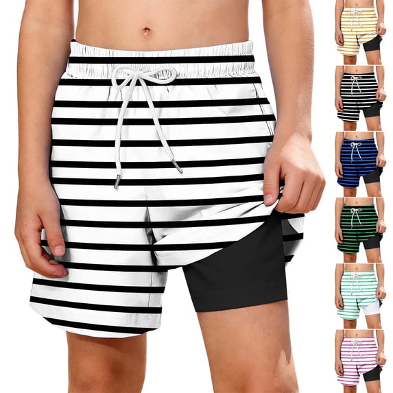 Guluxicc Boys Swim Trunks with Compression Kids Striped Printed Beach Shorts Summer Quick Dry Bathing Suit Swimsuit with Pockets
