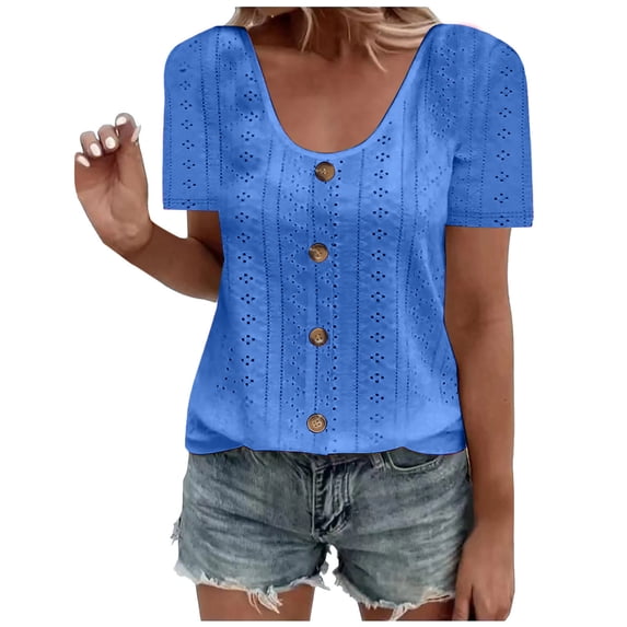 Guluxicc Breathable Eyelet Shirts for Women Casual Scoop Neck Short Sleeve Tops Summer Slim Fit Solid Button Blouse