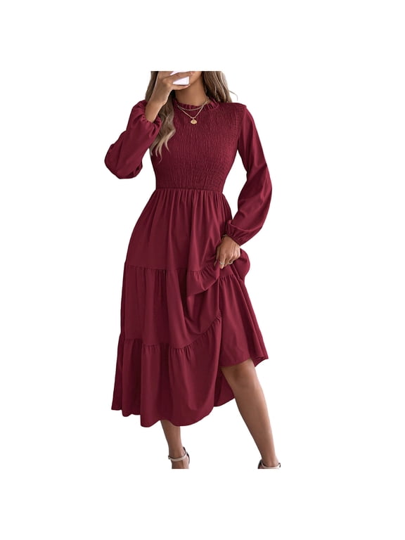 Burgundy Midi Dress for Women Mock Neck Smocked Long Lantern Sleeve Tiered Ruffle A Line Wedding Guest Dress