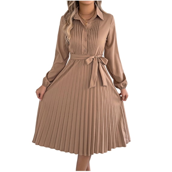 Guluxicc Burgundy Shirt Midi Dress for Women Collared Pleated Front Long Sleeve Tie Belt Pleated Work Dress