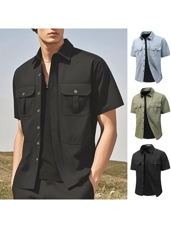 Button Down Shirts for Men Summer Casual Collar Shirt Short Sleeve Work Tops with Pocket
