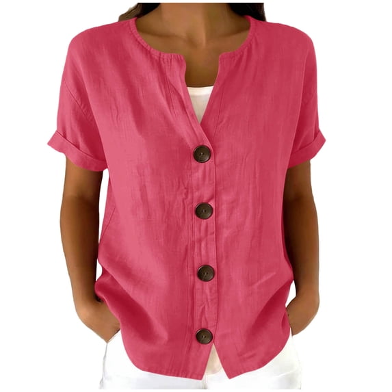 Guluxicc Button Up Shirt Women Short Sleeve Cotton Button Front Solid Color Casual Summer Outdoor Wear Trendy Tops