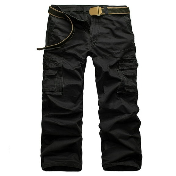 Guluxicc Cargo Pants for Men Casual Solid Cotton Trousers with Pockets Outdoor Hiking Travel Pants, Black