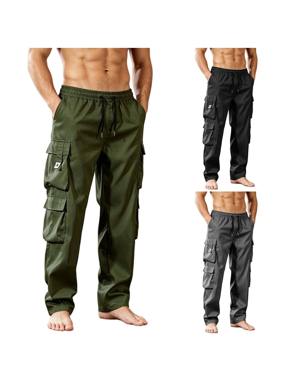 Cargo Pants for Men Elastic Waist Drawstring Trousers with Pockets Classic Fit Summer Outdoor Pants