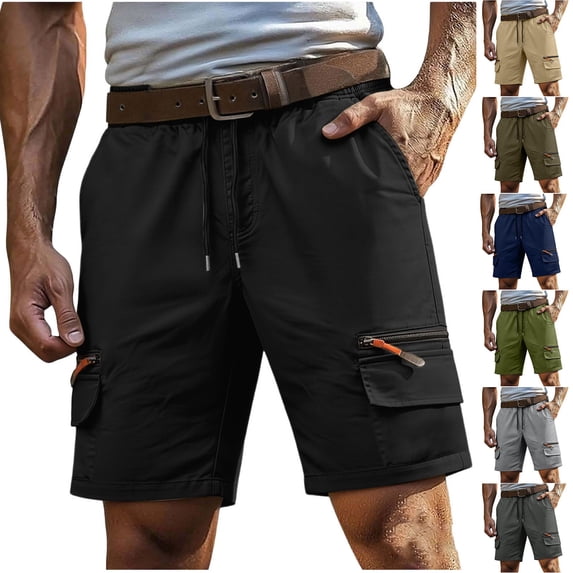 Guluxicc Cargo Shorts for Men Drawstring Elastic Waist Hiking Shorts Regular Fit Summer Outdoor Work Casual Shorts with Zip Pockets