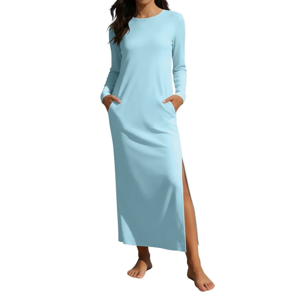 Guluxicc Casual Maxi Dress for Women Round Neck Long Sleeve Pockets Side Slit Loose Loungewear Dress
