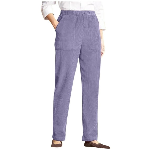 Guluxicc Casual Pants for Women Solid Elastic Waist Corduroy Pants Outdoor Fall Trousers Thermal Long Johns, Purple, L