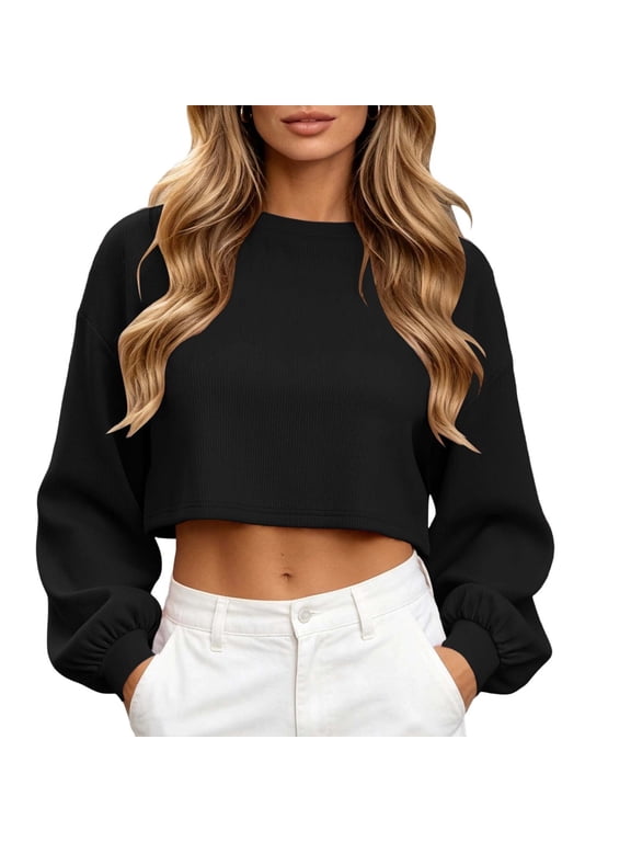 Corduroy Cropped Sweatshirts for Women Crew Neck Long Bubble Sleeve Casual Loose Sweatshirts for Everyday Fall Pullover