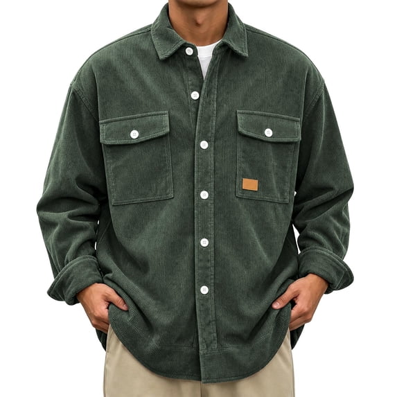 Guluxicc Corduroy Jackets for Men Button Down Collared Long Sleeve Solid Jackets with Double Flap Pockets Fall Winter Casual Work Jackets