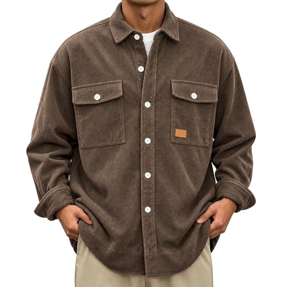 Guluxicc Corduroy Jackets for Men Button Down Collared Long Sleeve Solid Jackets with Double Flap Pockets Fall Winter Casual Work Jackets
