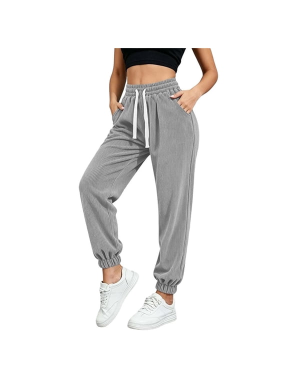 Corduroy Jogger Pants for Women Drawstring Elastic Waist Ribbed Tapered Pants with Pockets for Everyday Fall Winter