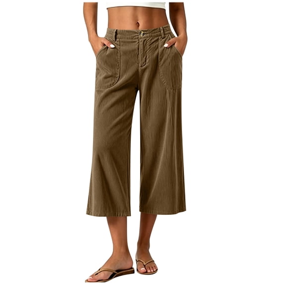 Guluxicc Corduroy Ribbed Pants for Women Button Front Elastic Waist Drawstring Loose Cropped Trousers for Everyday Summer Fall
