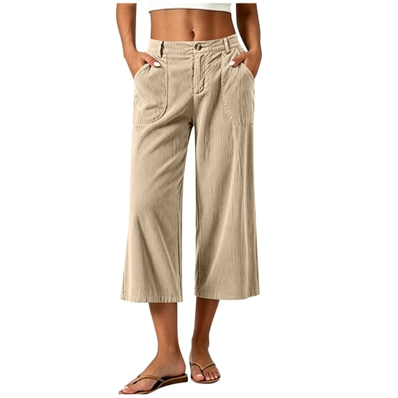 Guluxicc Corduroy Ribbed Pants for Women Button Front Elastic Waist Drawstring Loose Cropped Trousers for Everyday Summer Fall