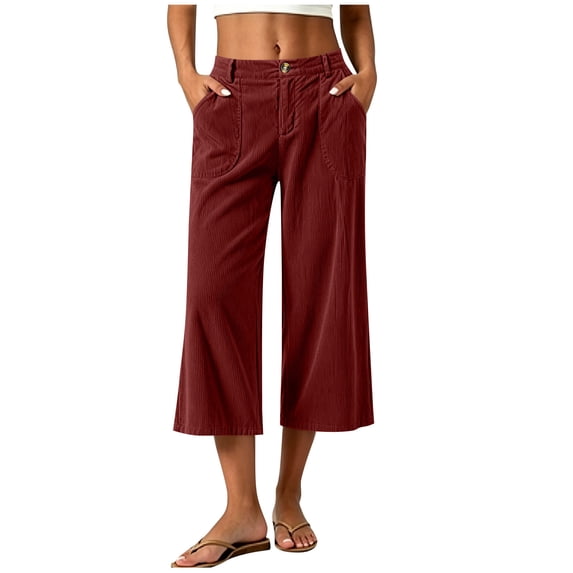 Guluxicc Corduroy Ribbed Pants for Women Button Front Elastic Waist Drawstring Loose Cropped Trousers for Everyday Summer Fall