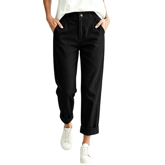Guluxicc Cotton Dressy Pants for Women Button Front Straight Leg Business Casual Trousers for Golf Summer Fall