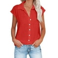 thumbnail image 1 of Guluxicc Cotton Linen Short Sleeve Button Down Shirts for Women Casual Solid Color Plus Size Tops, Red, 4XL, 1 of 6