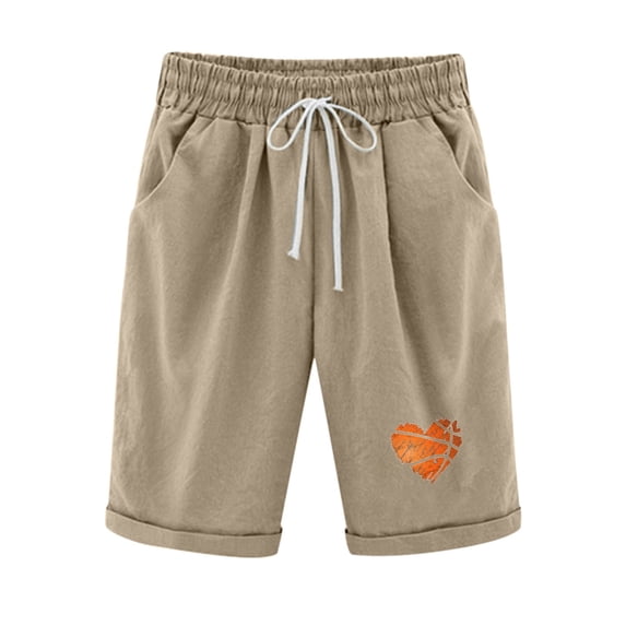 Guluxicc Cotton Linen Shorts for Women Casual Elastic Waist Drawstring Graphic Print Shorts with Pockets, 2XL