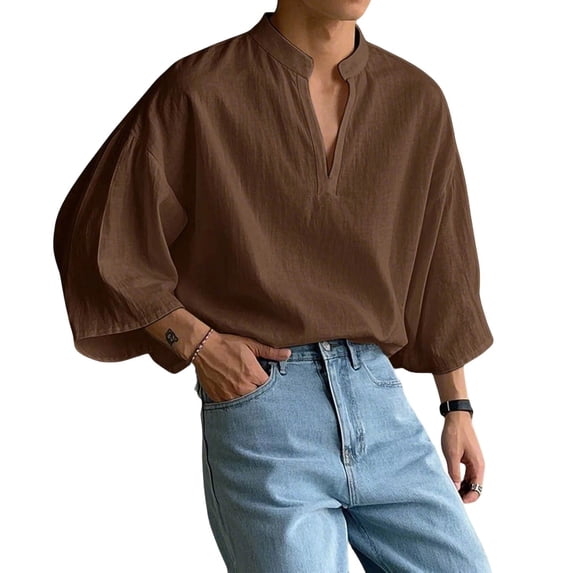 Guluxicc Cotton Shirts for Men Loose Fit Long Sleeve Beach Shirts with Wide Sleeves Trendy Summer Casual Outfit