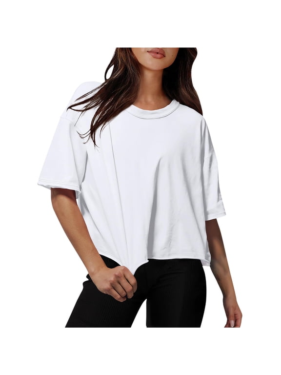 Cotton Tshirts for Women Drop Shoulder Round Neck Oversized Crop Tops Workout Tops Tees
