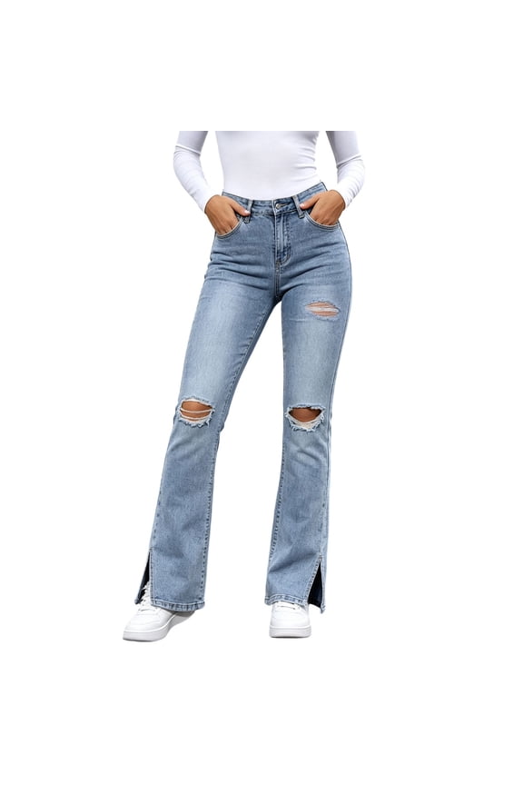 Denim Pants for Women Button Front Pull On Trendy Style Straight Leg Trousers for Everyday Fall Winter