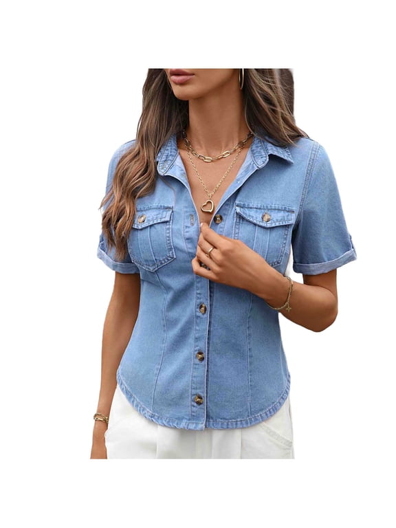 Denim Shirts for Women Trendy Fitted Short Sleeve with Pockets Cargo Button Down Lightweight Jean Top