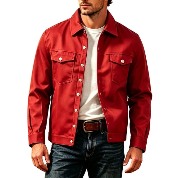 Guluxicc Trucker Jackets for Men Classic Button Down Collared Straight Hem Long Sleeve Solid Casual Jackets with Pockets for Fall Winter