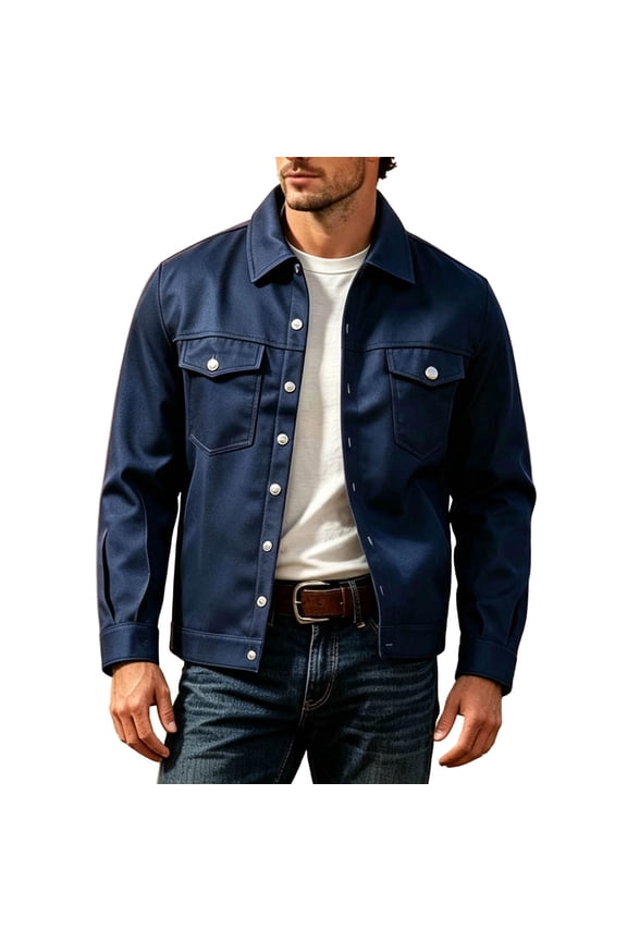 Trucker Jackets for Men Classic Button Down Collared Straight Hem Long Sleeve Solid Casual Jackets with Pockets for Fall Winter