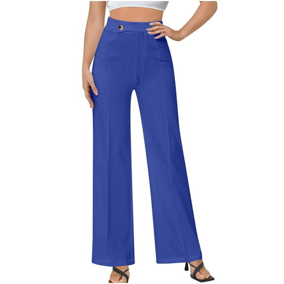 Guluxicc Dress Pants for Women Casual Straight Leg Business Work Trousers Slim Fit Flat Front Dressy Pants, Blue, S
