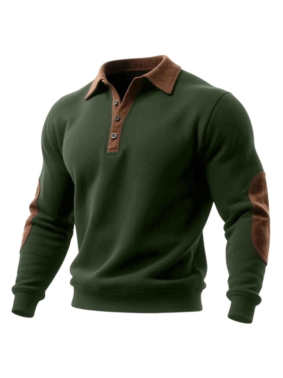Dressy Henley Sweatshirts for Men Elbow Patch Ribbed Cuffs Hem Button Closure Collared Long Sleeve Casual Sweatshirts for Fall Winter Pullover