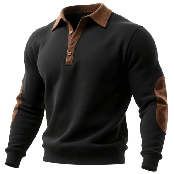 Guluxicc Dressy Henley Sweatshirts for Men Elbow Patch Ribbed Cuffs Hem Button Closure Collared Long Sleeve Casual Sweatshirts for Fall Winter Pullover