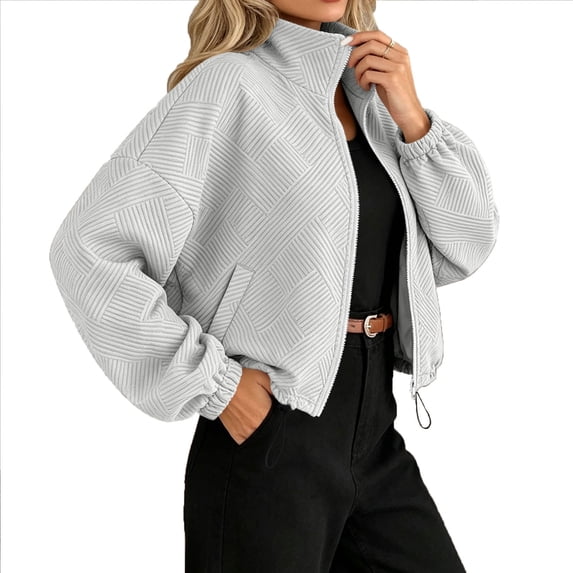 Guluxicc Dressy Jackets for Women Textured Mock Neck Full Zipper Drawstring Long Sleeve Jackets with Pockets Fall Winter