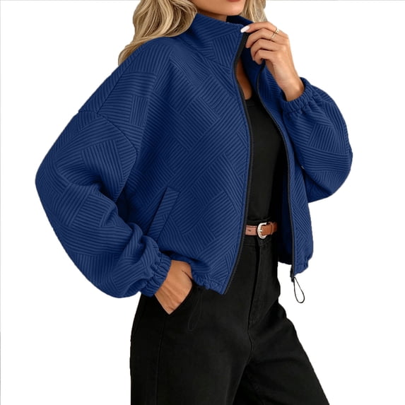 Guluxicc Dressy Jackets for Women Textured Mock Neck Full Zipper Drawstring Long Sleeve Jackets with Pockets Fall Winter