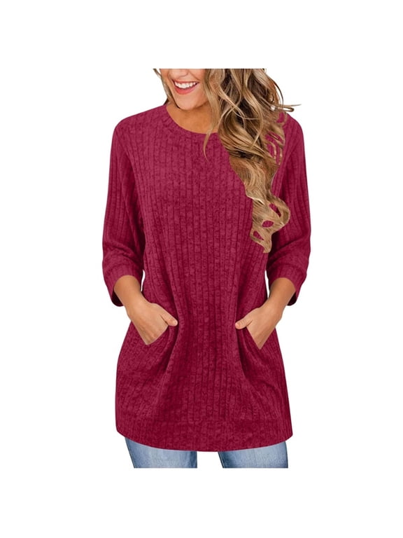 Dressy Tops for Women 3/4 Sleeve Shirts Casual Ribbed Knit Blouses Loose Hide Belly Tunics with Pockets Fall Clothes