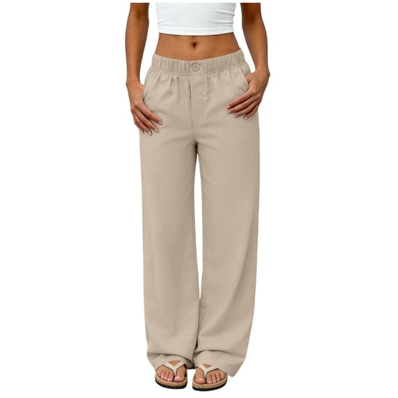 Guluxicc Elastic Waist Straight Leg Pants for Women Solid Color Fashion Casual Pants with Pockets Sporty Wide Leg Bottoms