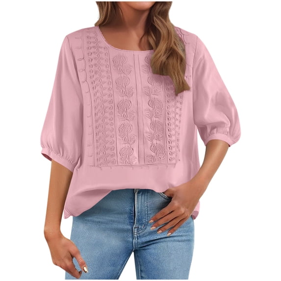 Guluxicc Embroidered Cotton Linen Tops For Women 3/4 Sleeve Boho Top Dressy Casual Round Neck Blouse Trendy Summer Tops