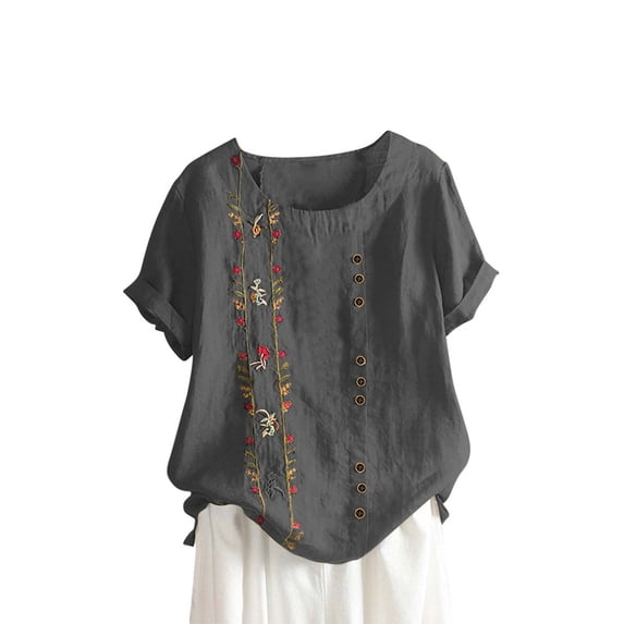 Guluxicc Embroidered Tops for Women Short Sleeve Cotton Linen Shirts Plus Size Crew Neck Tunic Peasant Blouses Boho Clothes