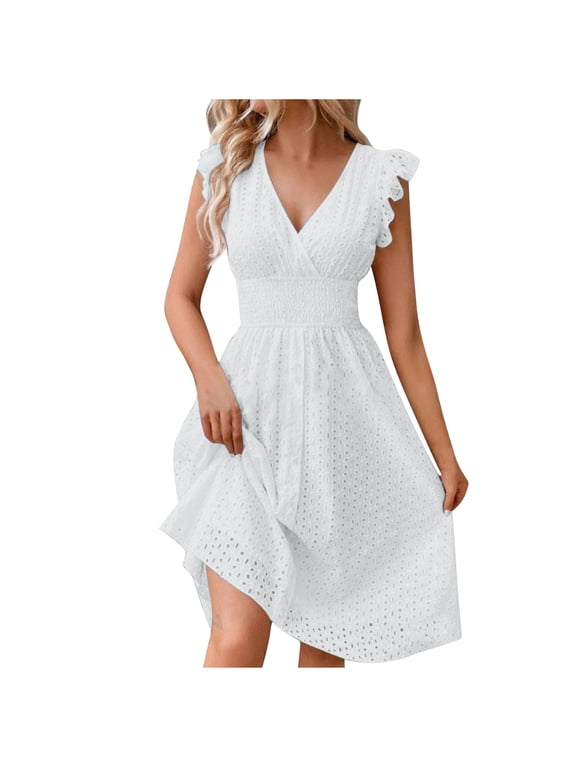 Eyelet Dresses for Women Cute Summer Surplice Neck Cap Sleeve Smocked Empire Waist Knee Length Fit and Flare Dress