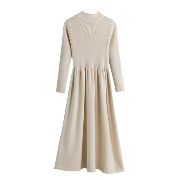 Guluxicc Fall Dresses for Women Casual Crew Neck Long Sleeve Dresses Knitting Cotton Tunic Dress, Beige, Free Size