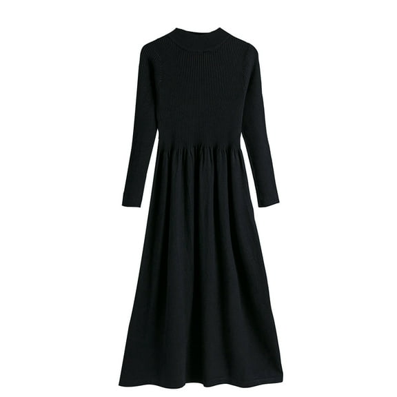 Guluxicc Fall Dresses for Women Casual Crew Neck Long Sleeve Dresses Knitting Cotton Tunic Dress, Black, Free Size