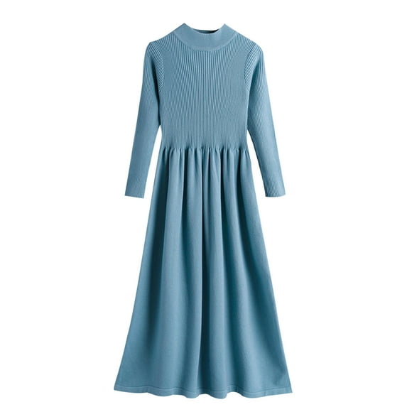 Guluxicc Fall Dresses for Women Casual Crew Neck Long Sleeve Dresses Knitting Cotton Tunic Dress, Blue, Free Size